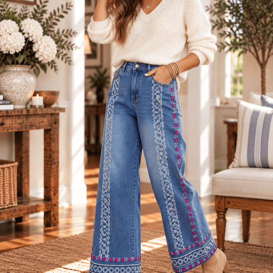 Floral Embroidered Wide Leg Cropped Jeans - Backroad Daydream Mercantile