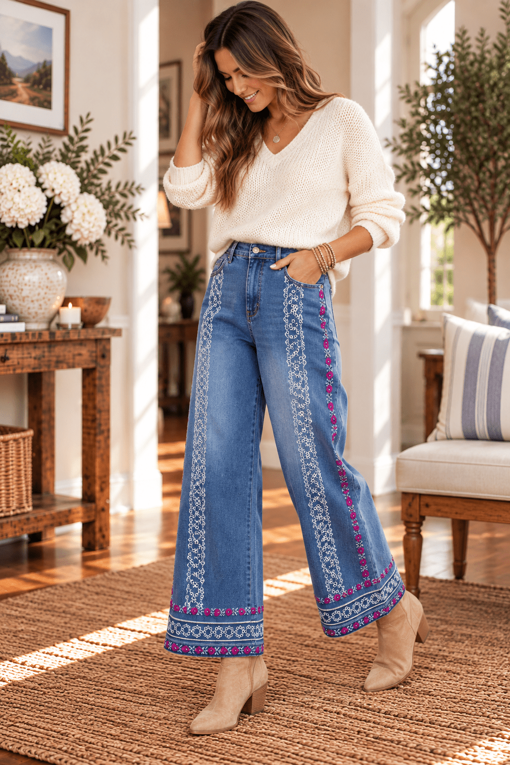 Floral Embroidered Wide Leg Cropped Jeans - Backroad Daydream Mercantile