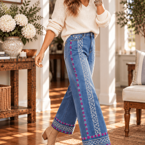 Floral Embroidered Wide Leg Cropped Jeans - Backroad Daydream Mercantile