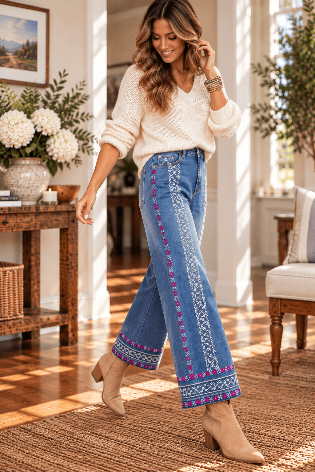 Floral Embroidered Wide Leg Cropped Jeans - Backroad Daydream Mercantile