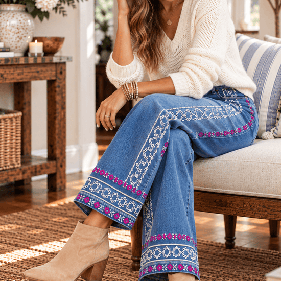 Floral Embroidered Wide Leg Cropped Jeans - Backroad Daydream Mercantile