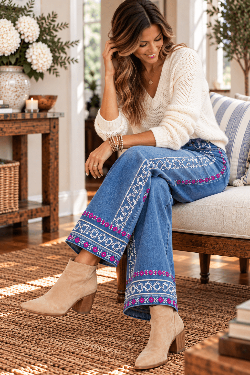 Floral Embroidered Wide Leg Cropped Jeans - Backroad Daydream Mercantile