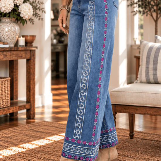 Floral Embroidered Wide Leg Cropped Jeans - Backroad Daydream Mercantile
