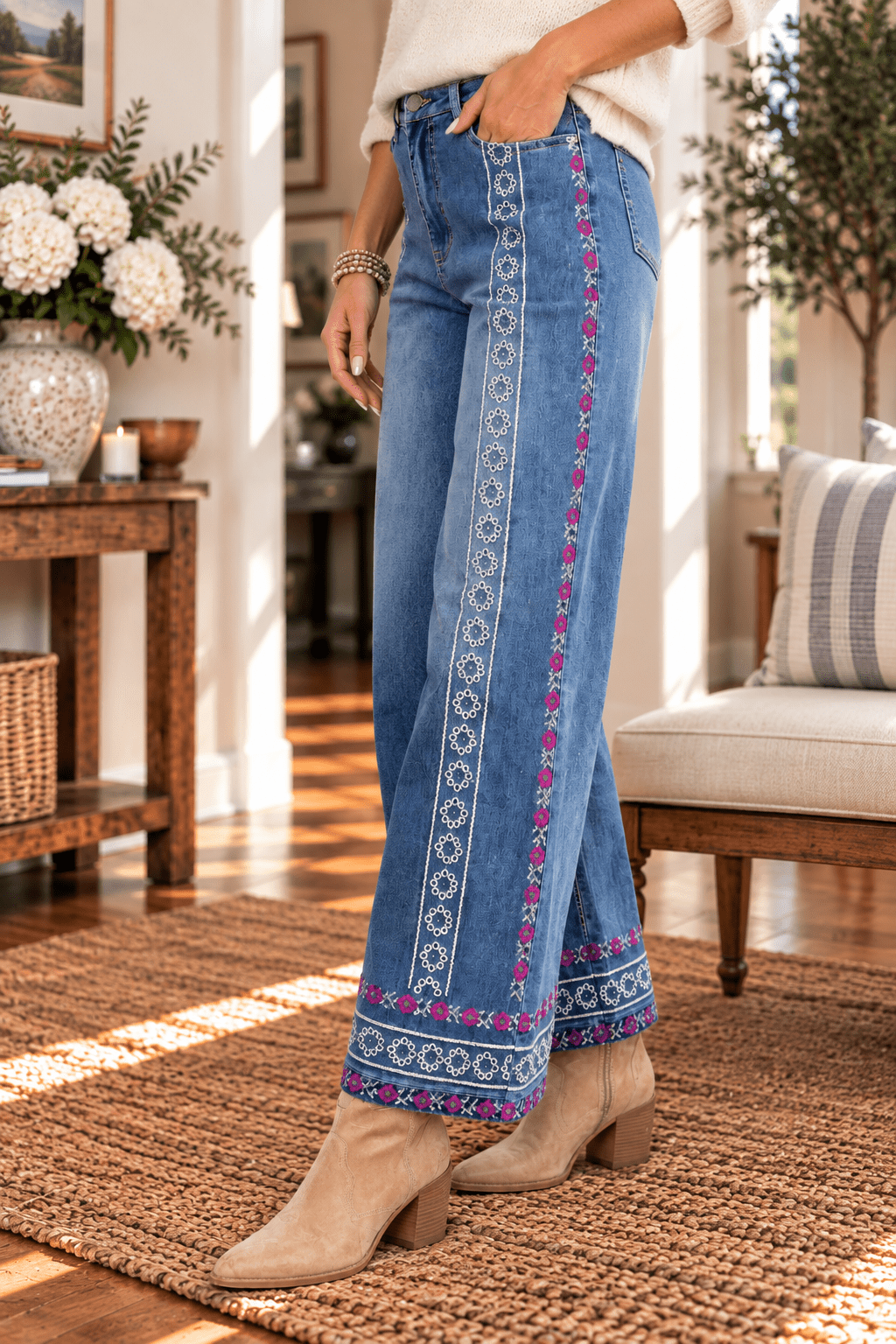 Floral Embroidered Wide Leg Cropped Jeans - Backroad Daydream Mercantile