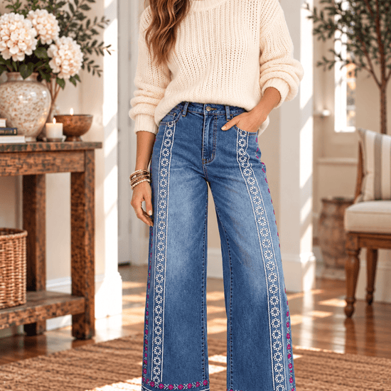 Floral Embroidered Wide Leg Cropped Jeans - Backroad Daydream Mercantile