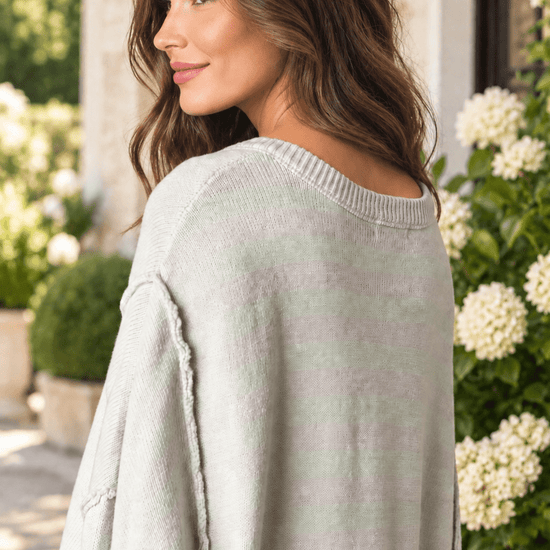 Heather Grey & Mint Stripe V-Neck Sweater - Backroad Daydream Mercantile