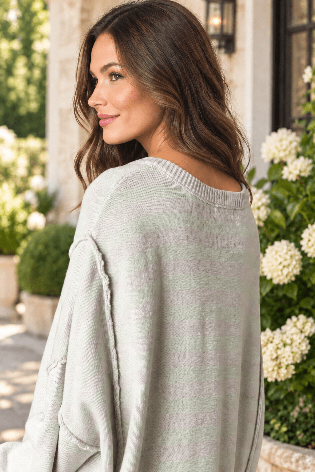 Heather Grey & Mint Stripe V-Neck Sweater - Backroad Daydream Mercantile