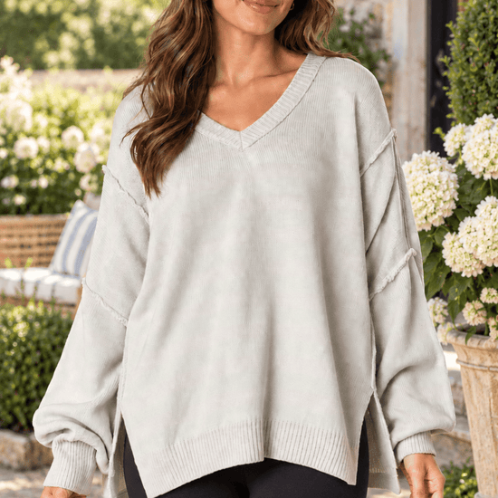 Heather Grey & Mint Stripe V-Neck Sweater - Backroad Daydream Mercantile
