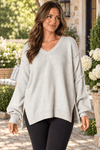 Heather Grey & Mint Stripe V-Neck Sweater - Backroad Daydream Mercantile