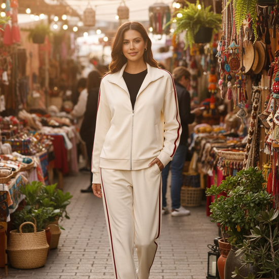 Model wearing the Ivory Crimson Stripe Tracksuit Set at an outdoor bohemian market