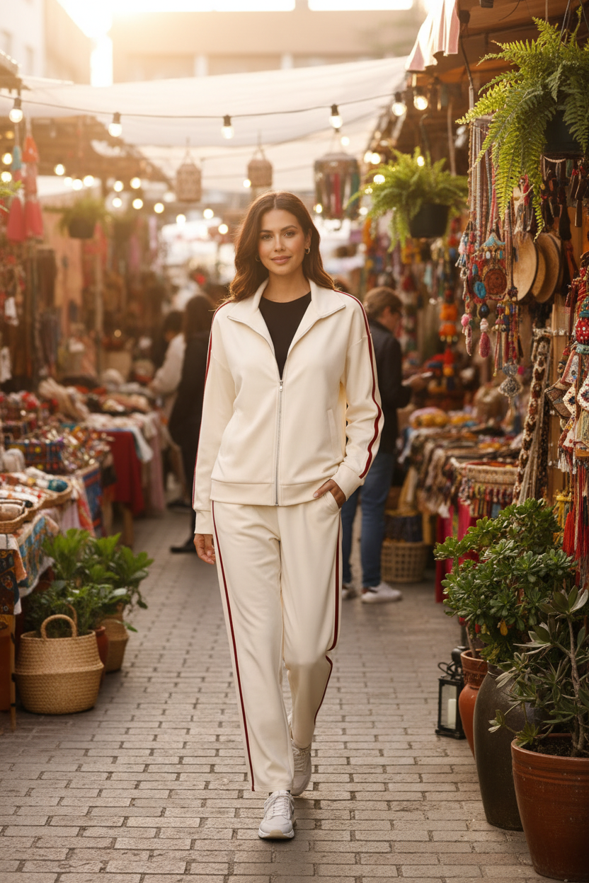 Model wearing the Ivory Crimson Stripe Tracksuit Set at an outdoor bohemian market