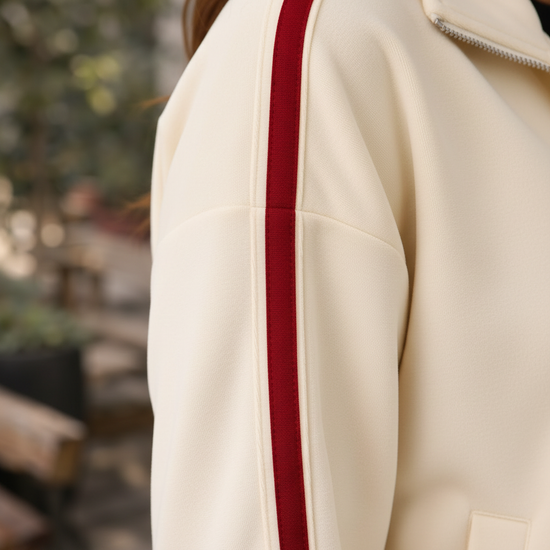 Close-up detail of ivory and crimson stripe fabric texture on the track jacket
