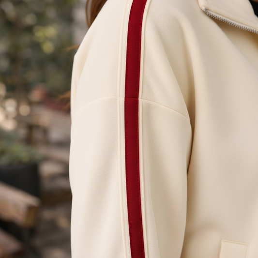 Close-up detail of ivory and crimson stripe fabric texture on the track jacket
