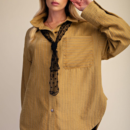 Golden Kiwi poly twill striped oversized button down shirt styled open over a black lace cami