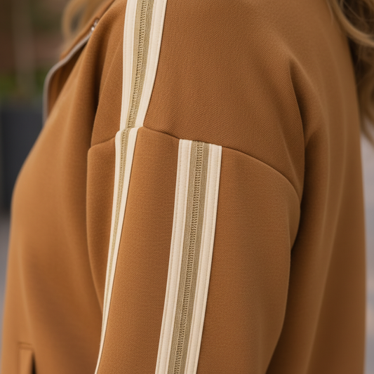 Close-up detail of caramel stripe fabric texture on the track jacket