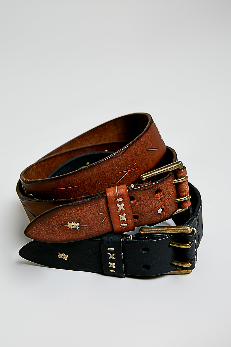 POL Clothing distressed genuine leather double-prong belts in chestnut and black with whipstitch embroidery and etched detailing