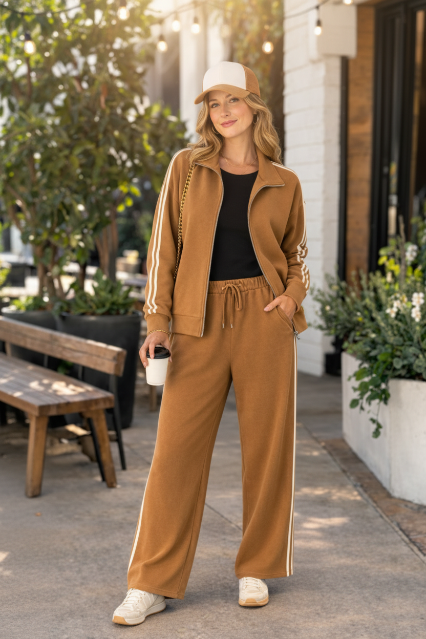 Model wearing the Caramel Stripe Tracksuit Set in a warm outdoor setting