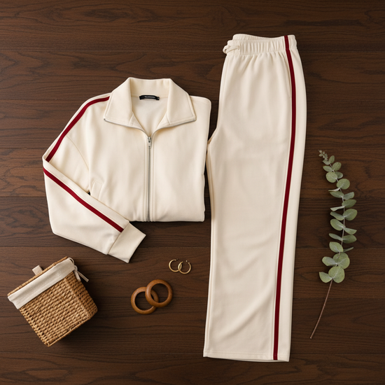 Ivory Crimson Stripe Tracksuit Set flat lay with folded pants on dark espresso wood surface