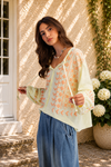 Lemon Embroidered Balloon Sleeve Tie Neck Top