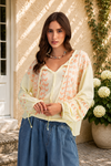 Lemon Embroidered Balloon Sleeve Tie Neck Top