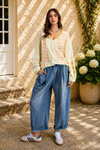 Lemon Embroidered Balloon Sleeve Tie Neck Top