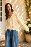 Lemon Embroidered Balloon Sleeve Tie Neck Top