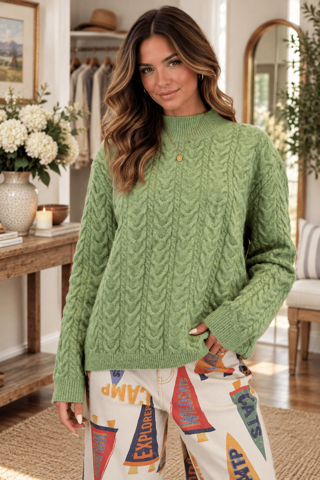 Matcha Cable Knit Surplus Back Knit Sweater - Backroad Daydream Mercantile