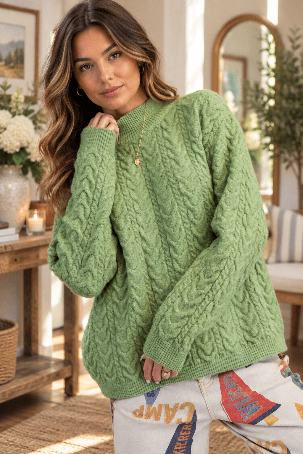 Matcha Cable Knit Surplus Back Knit Sweater - Backroad Daydream Mercantile