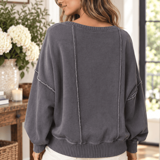 Mineral Washed V-Neck Sweatshirt in Charcoal - Backroad Daydream Mercantile