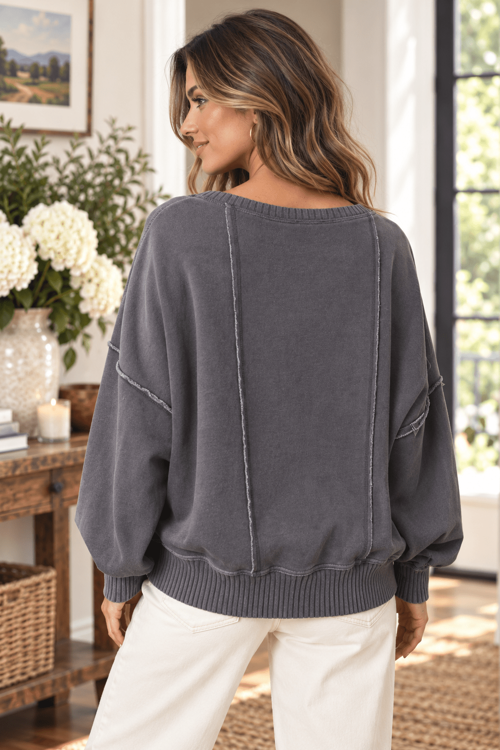 Mineral Washed V-Neck Sweatshirt in Charcoal - Backroad Daydream Mercantile