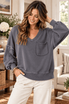 Mineral Washed V-Neck Sweatshirt in Charcoal - Backroad Daydream Mercantile