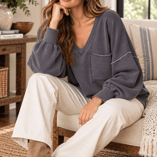 Mineral Washed V-Neck Sweatshirt in Charcoal - Backroad Daydream Mercantile