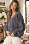 Mineral Washed V-Neck Sweatshirt in Charcoal - Backroad Daydream Mercantile