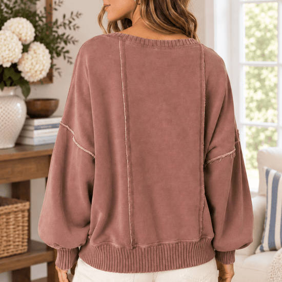Mineral Washed V-Neck Sweatshirt in Mocha - Backroad Daydream Mercantile