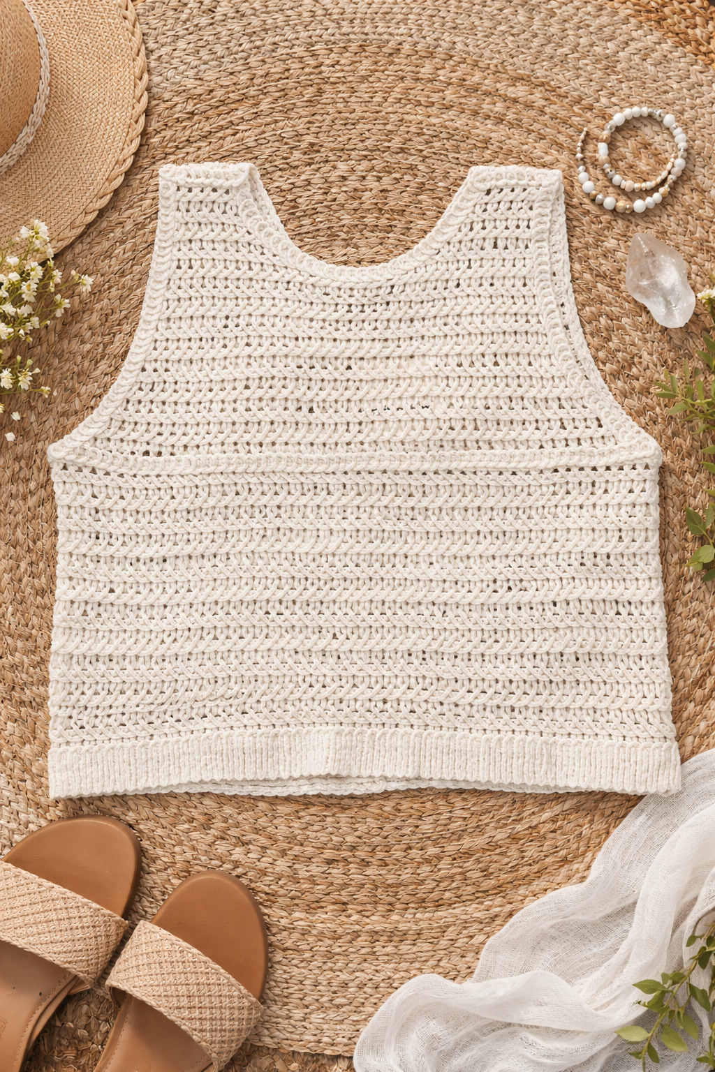 Back view of natural crochet button vest in a soft neutral tone, featuring open-knit texture and relaxed boho silhouette styled on a woven backdrop with earthy accessories