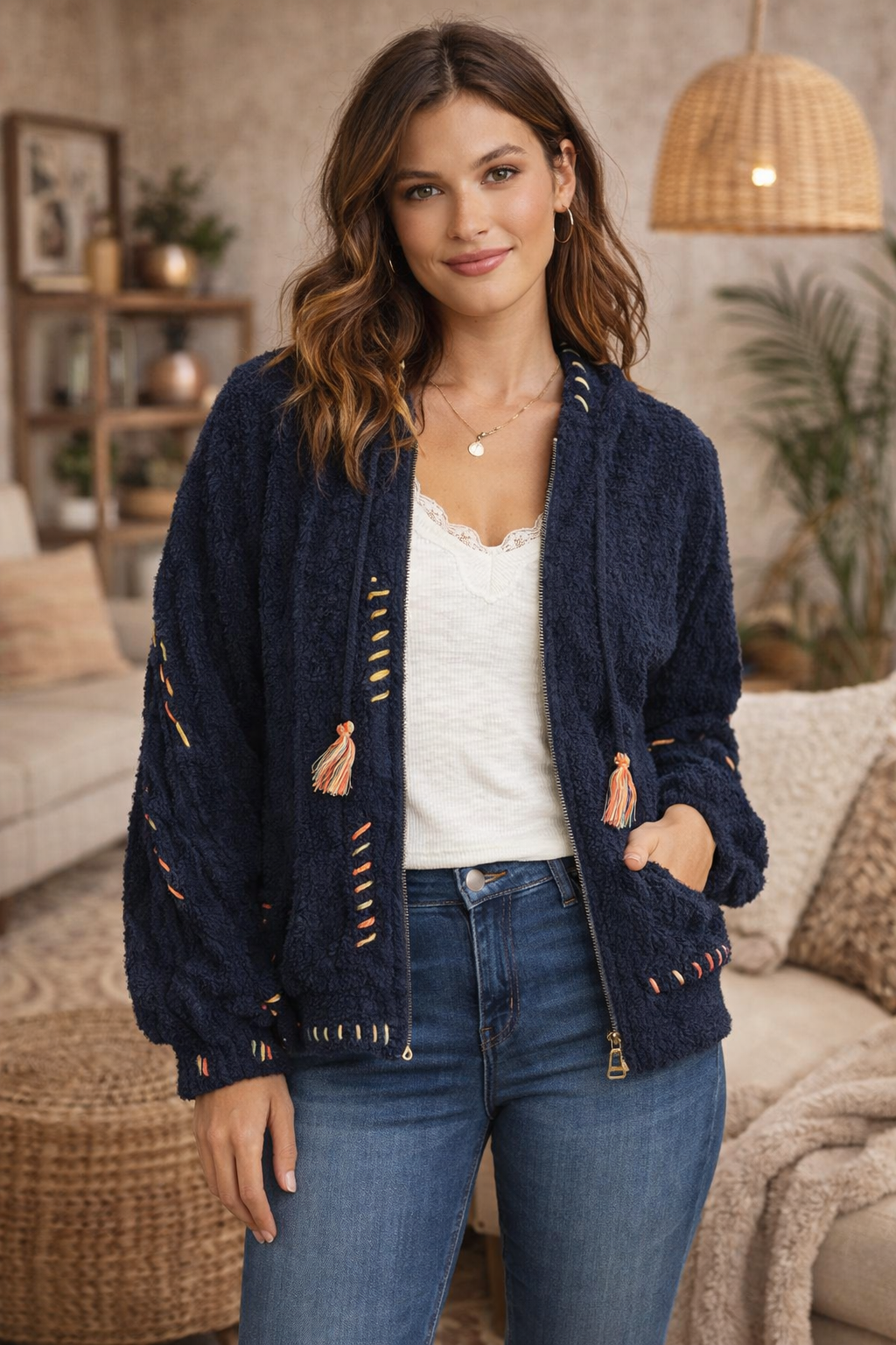 Navy boho textured cozy zip jacket with artisan stitching styled with denim in a cozy boho living room.