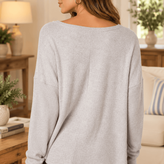 Oversized V-Neck Hacci Knit Top in Heather Grey - Backroad Daydream Mercantile