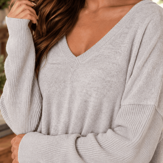 Oversized V-Neck Hacci Knit Top in Heather Grey - Backroad Daydream Mercantile