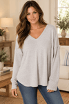 Oversized V-Neck Hacci Knit Top in Heather Grey - Backroad Daydream Mercantile