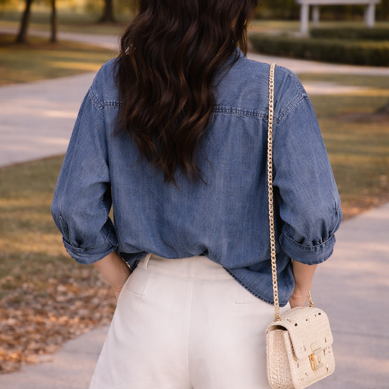back view of woman wearing relaxed chambray button down top with high waisted tailored shorts and woven handbag outdoors