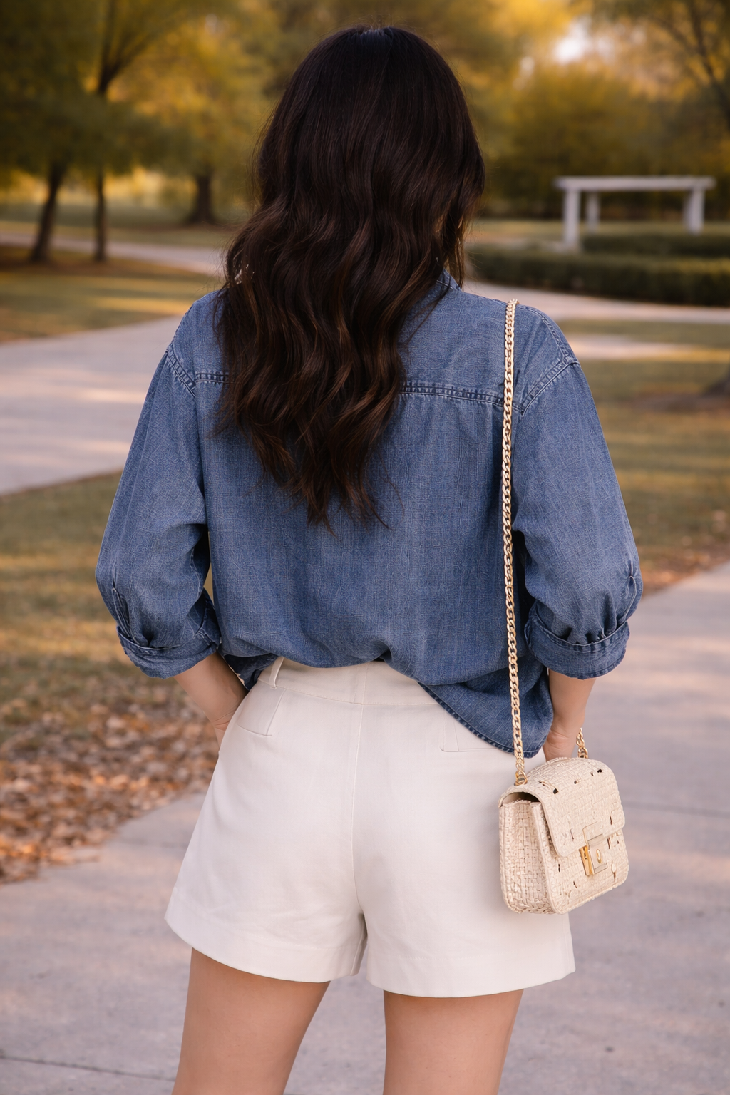 back view of woman wearing relaxed chambray button down top with high waisted tailored shorts and woven handbag outdoors