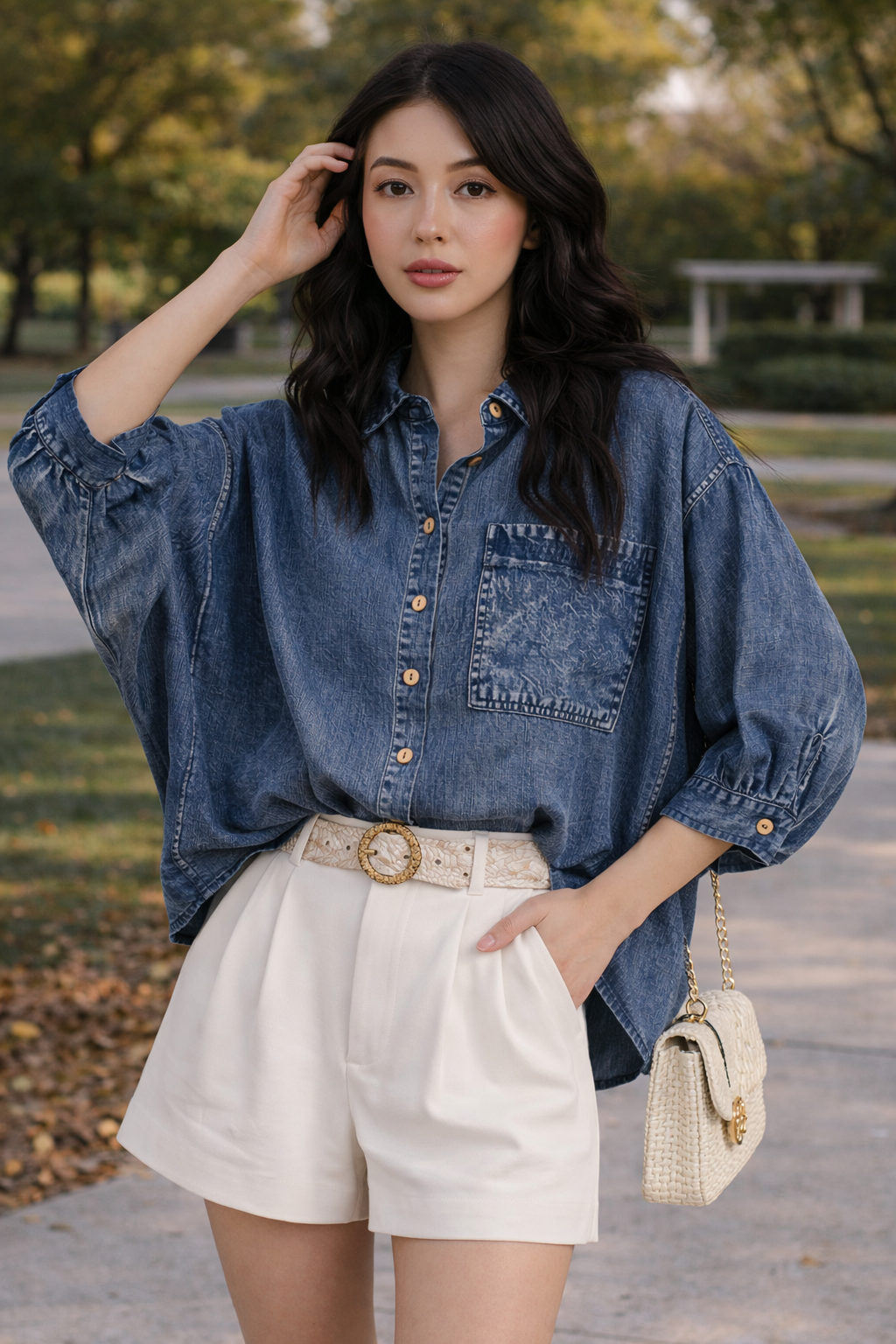 woman wearing relaxed chambray button down top with high waisted tailored shorts and woven handbag outdoors