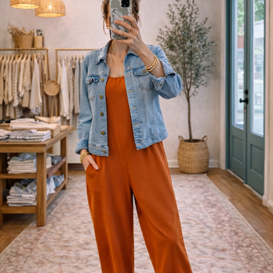 Woman wearing a rust wide-leg jumpsuit with a denim jacket in a boutique setting with turquoise doors, styled as a casual everyday outfit