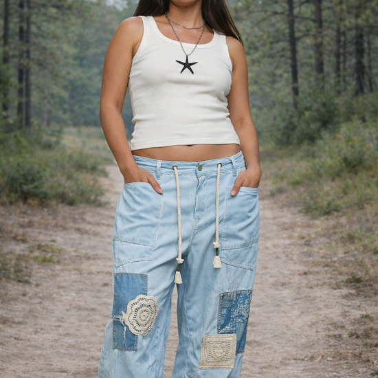 light blue patchwork boho wide leg pants women's boutique clothing relaxed bohemian style