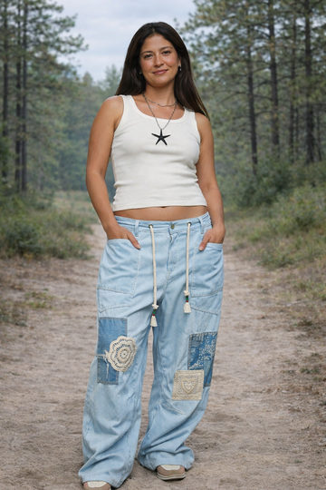 light blue patchwork boho wide leg pants women's boutique clothing relaxed bohemian style