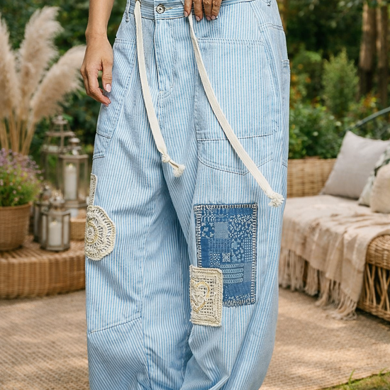 light blue patchwork boho wide leg pants women's boutique clothing relaxed bohemian style