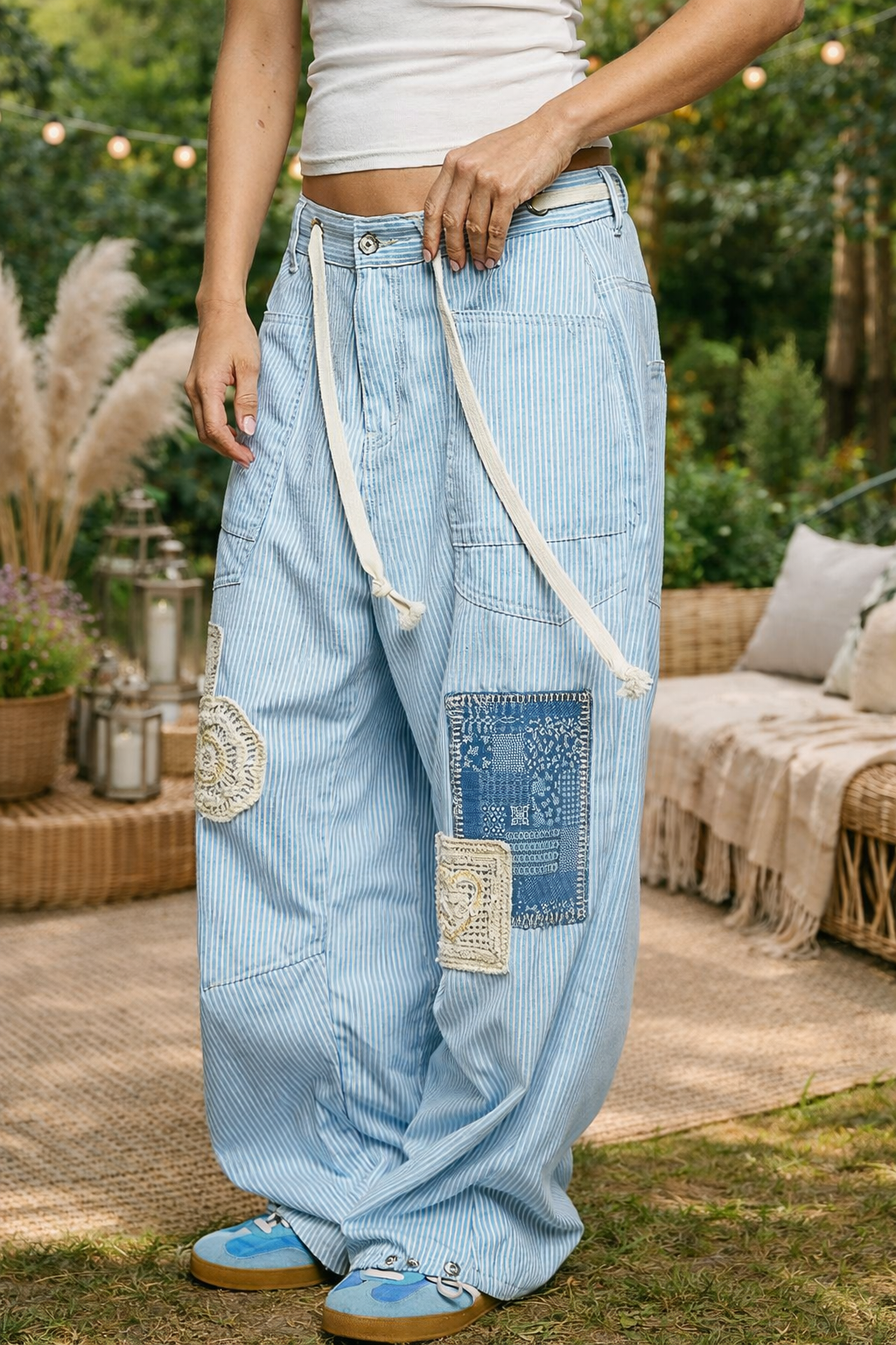light blue patchwork boho wide leg pants women's boutique clothing relaxed bohemian style