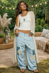 light blue patchwork boho wide leg pants women's boutique clothing relaxed bohemian style