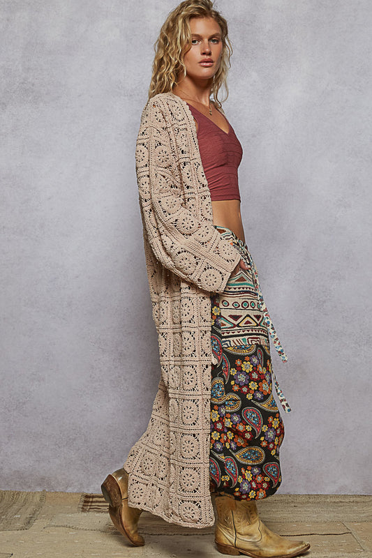 Mocha V-neck Crochet Cardigan