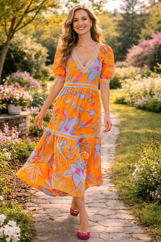 Woman walking on a sunlit garden path wearing an orange floral midi dress with puff sleeves and a flowy tiered skirt, styled for a bright spring and summer boutique look